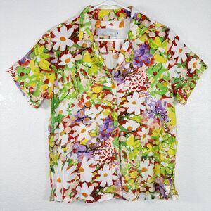Jams World "Daisy Patch Red" Blouse MEDIUM Hawaiian Floral Aloha Button Up